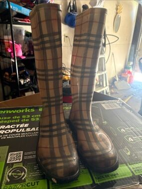 Burberry Plaid Pattern Tall Rain Boots - Beige/Tan with Black and Red Stripes